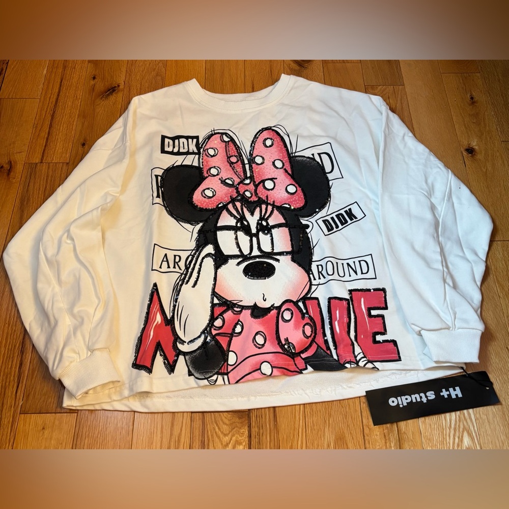 Disney Minnie Mouse Sweatshirt baggy style- creamy white and Pink with sequin - Picture 3 of 7